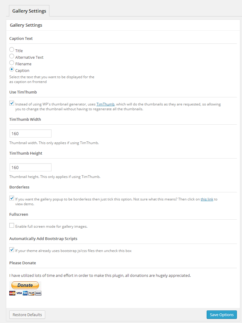 Wordpress Bootstrap Gallery Settings